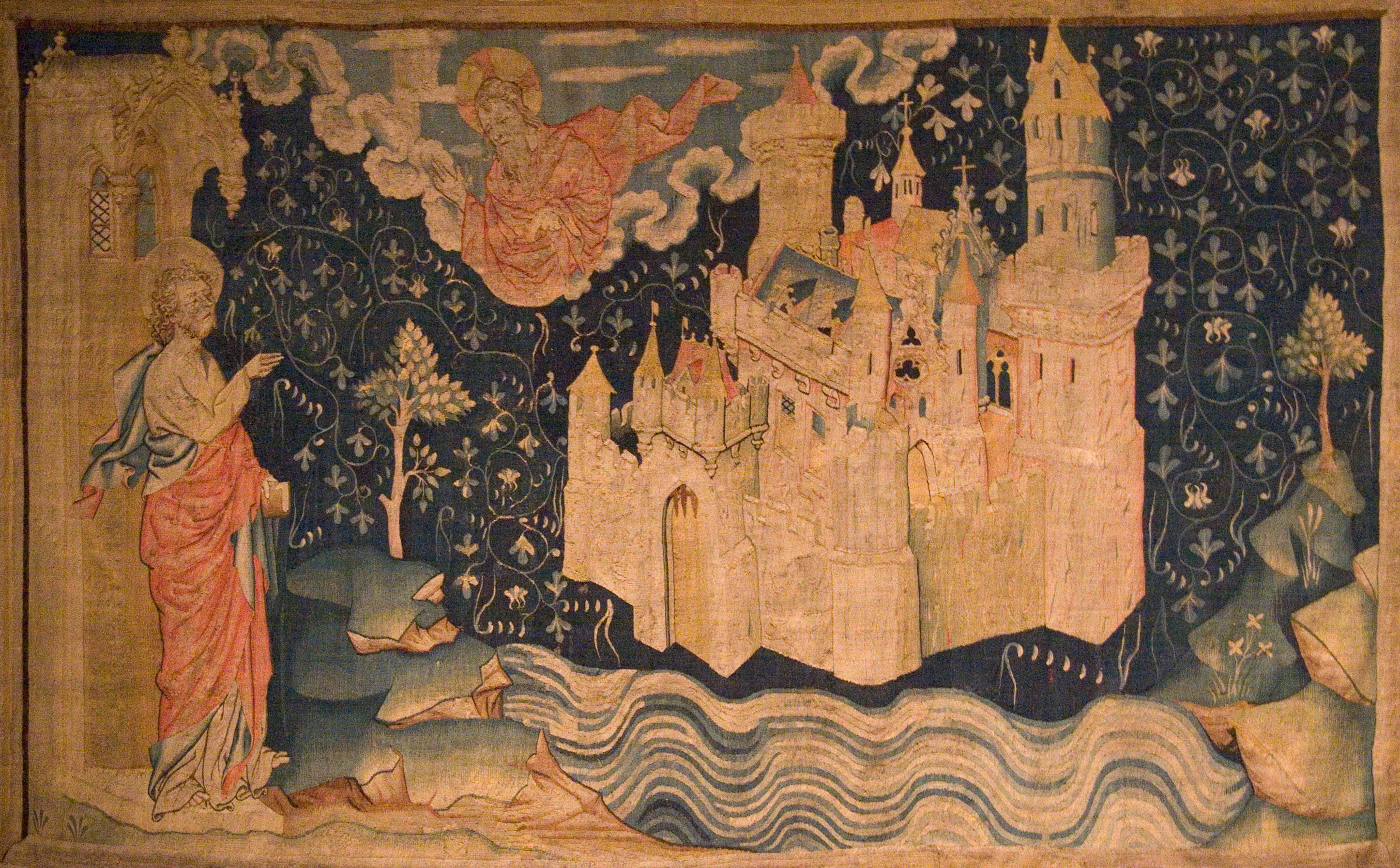 John of Patmos watches the descent of the New Jerusalem from God in a 14th-century tapestry.