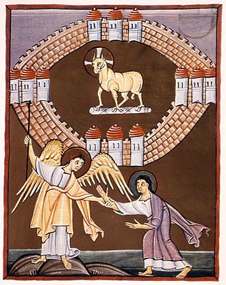 Folio 55r of the Bamberg Apocalypse. Depicts the Angel showing John the New Jerusalem, with the Lamb of God at its center. 