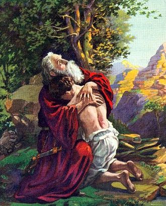 Isaac embraces his father Abraham after the Binding of Isaac, early 1900s Bible illustration