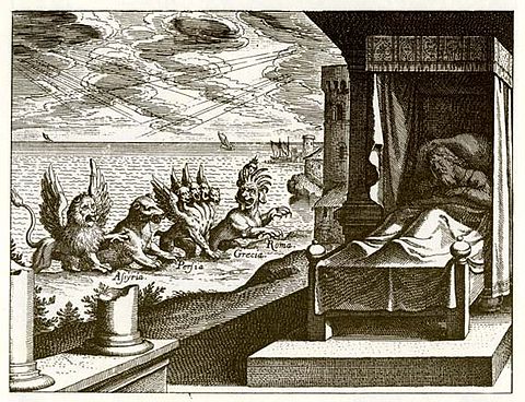Engraving of Daniel's vision of the four beasts in chapter 7 by Matthäus Merian, 1630